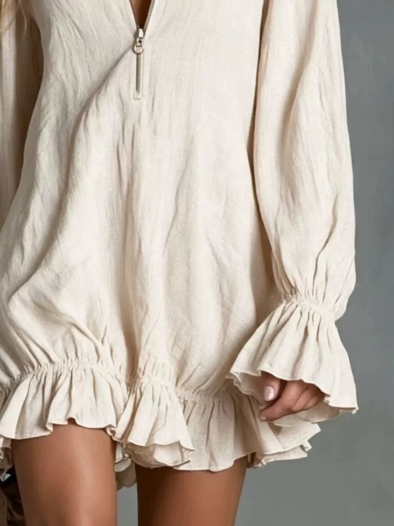 Zipper Front Ruffle Hem Flounce Sleeve Mini Dress