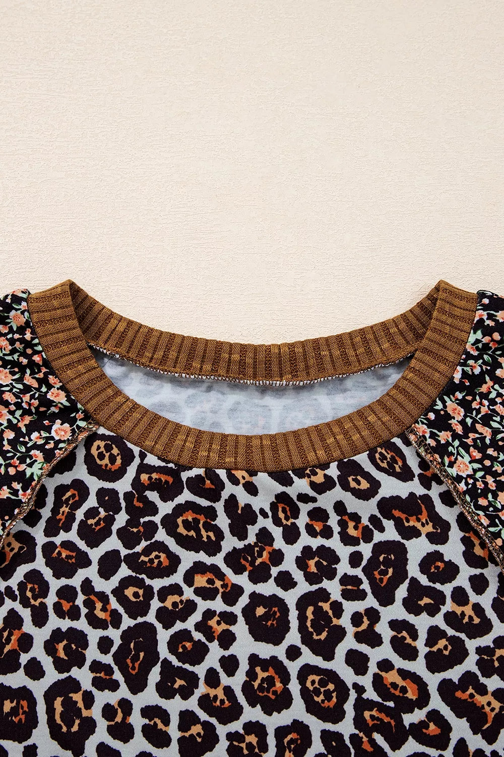 Leopard Floral Print Ribbed Puff Sleeve Patchwork Loose Sweatshirt