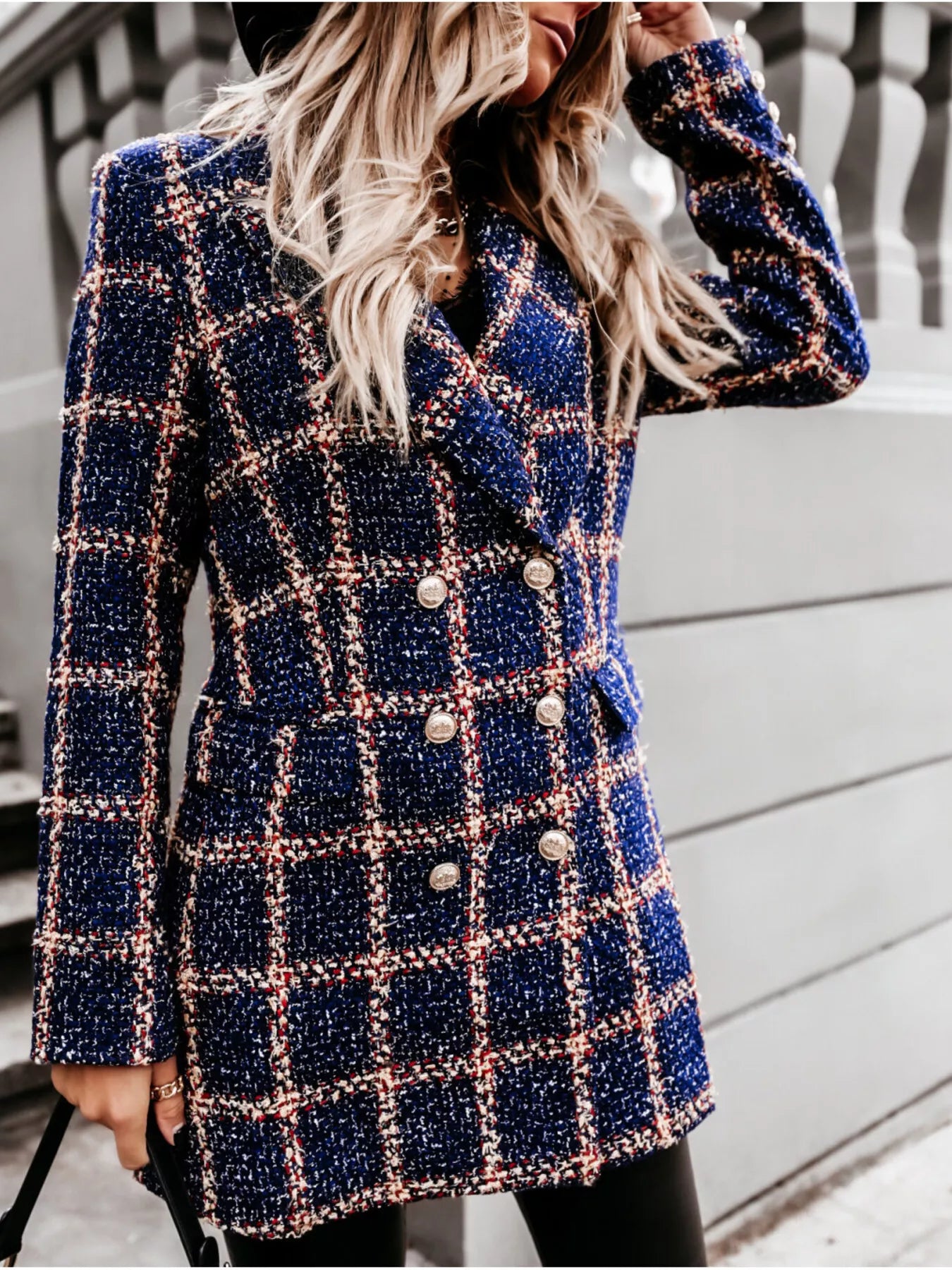 Plaid Tweed Double-Breasted Coat