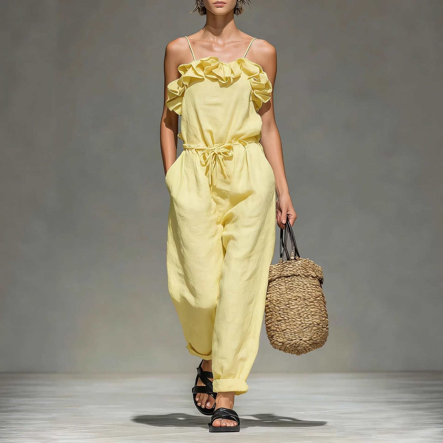 Women's Off-Shoulder Ruffle Wide-Leg Cropped Jumpsuit – Elastic Waist