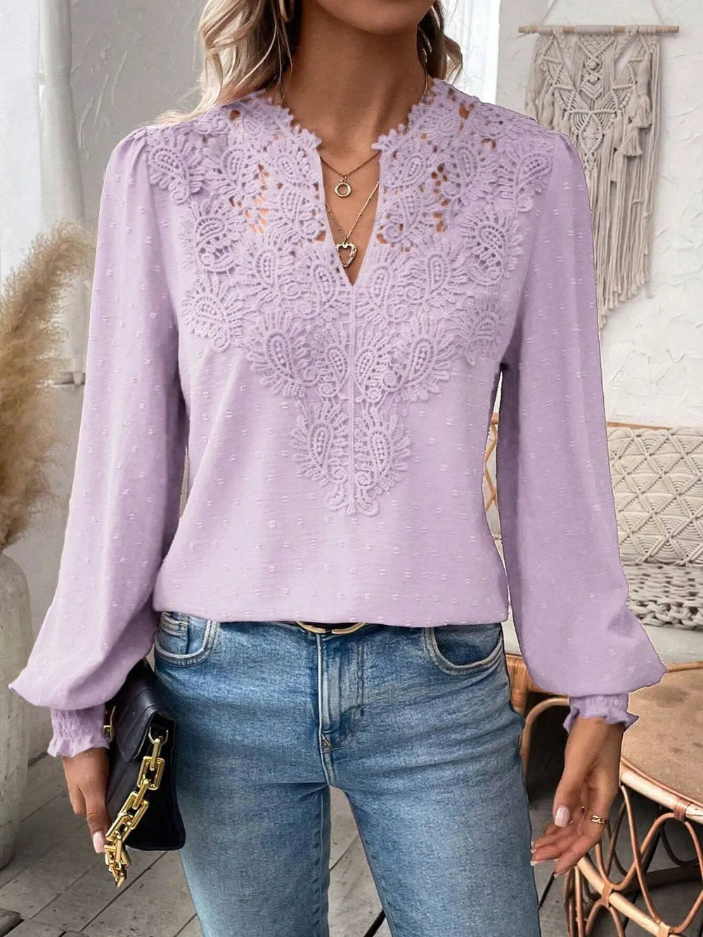 Swiss Dot Lace Detail Notched Long Sleeve Blouse – Feminine Style
