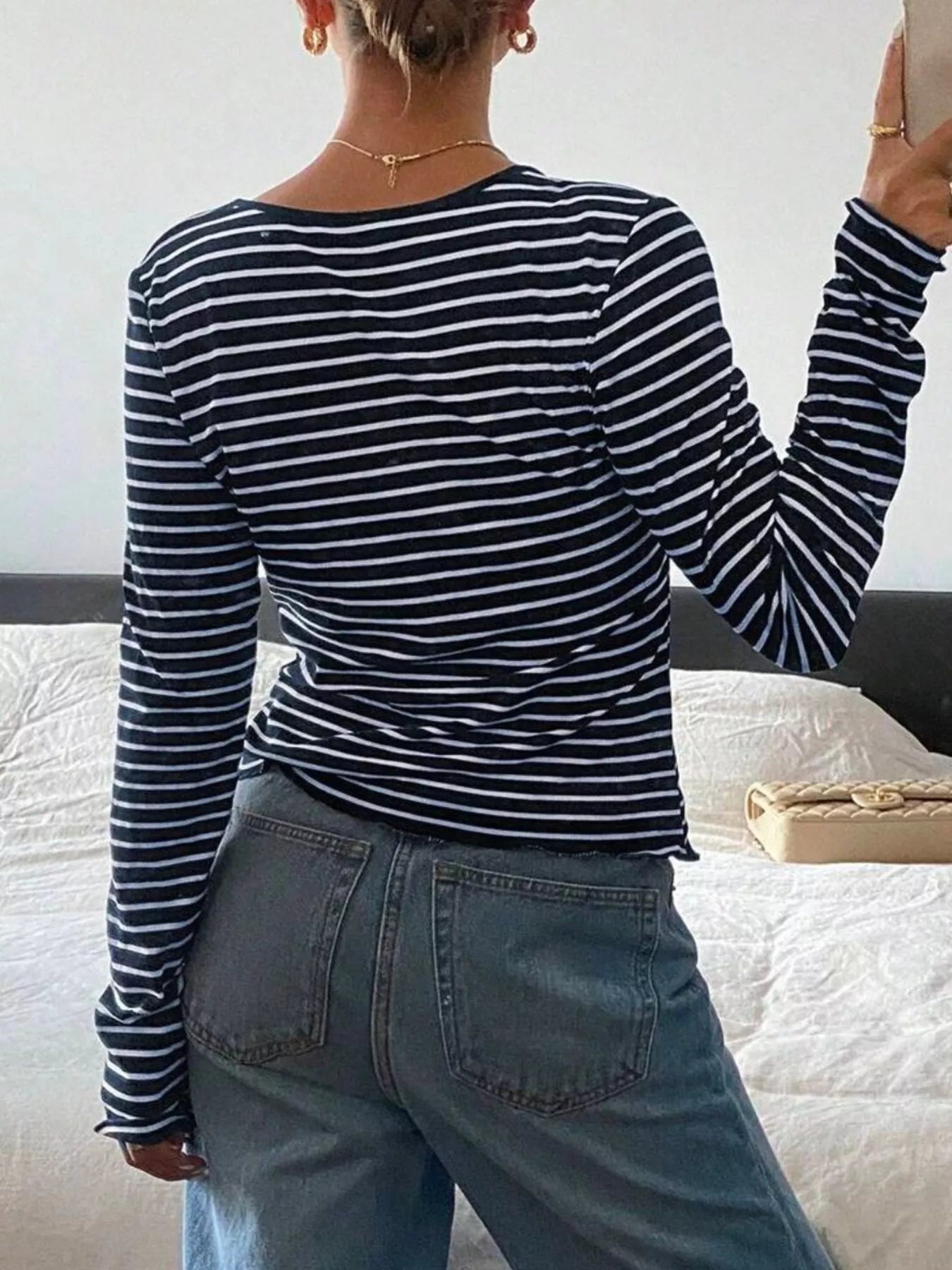 Long Sleeve Striped Henley T-Shirt