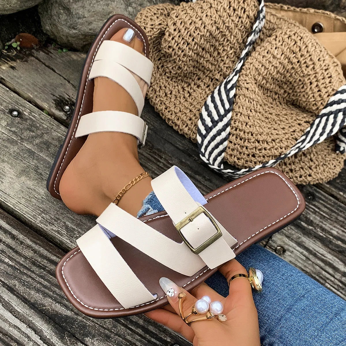 Open Toe Buckle Flat Sandals