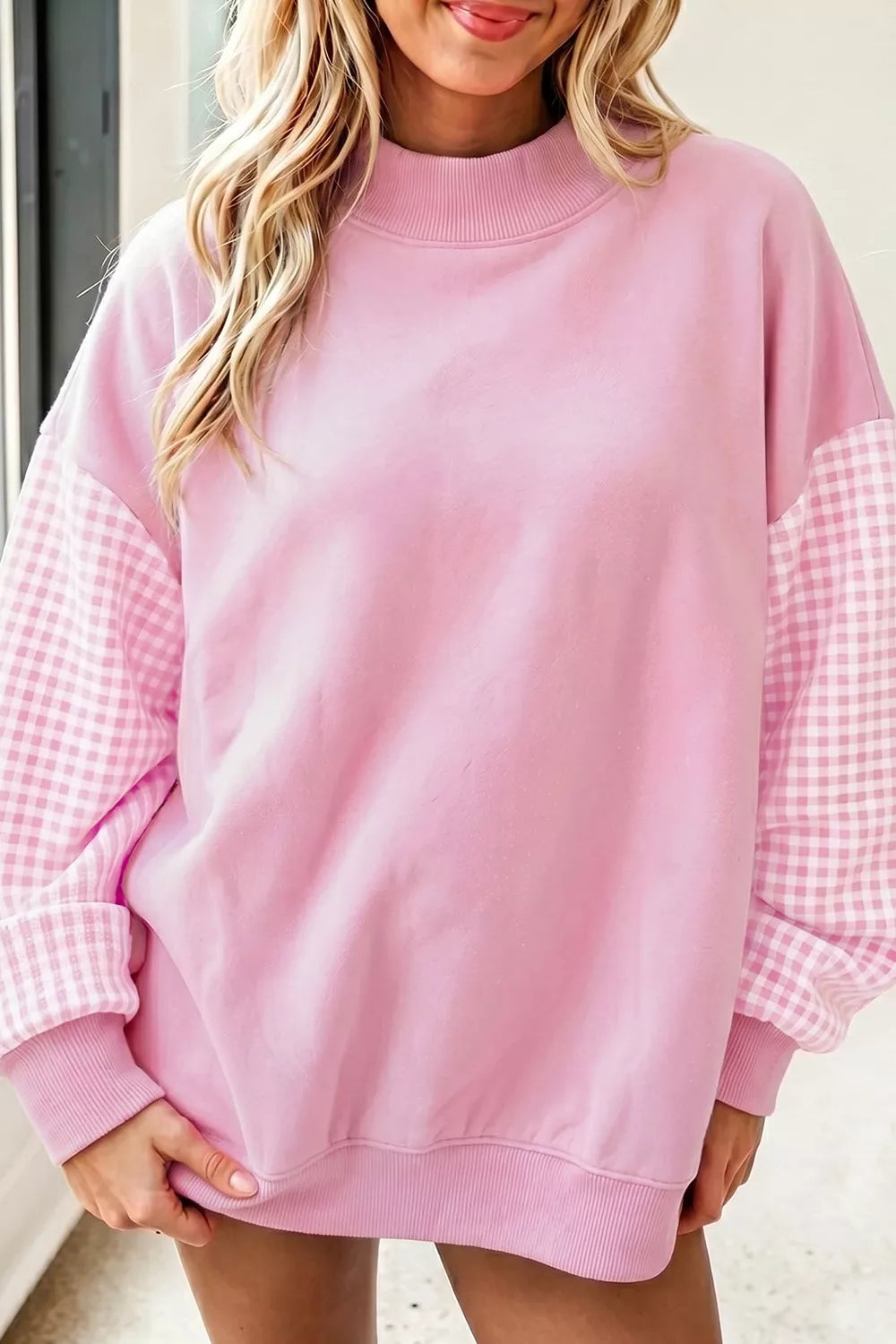 Plaid Sleeve Colorblock Loose Tunic Sweatshirt