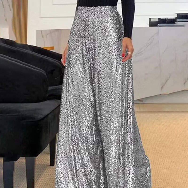 Women's Sequin Palazzo Pants Glitter Casual Loose Wide Leg Long Trouser (See size chart where applicable)