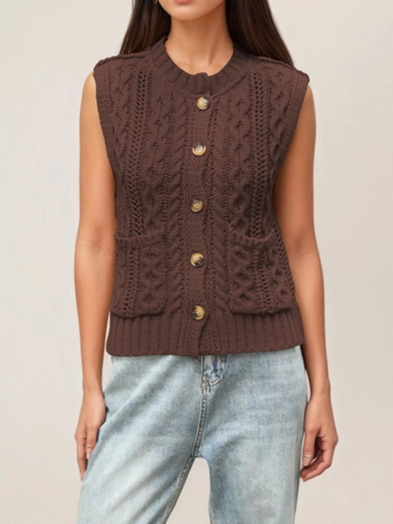 Cable-Knit Button-Down Sweater Vest
