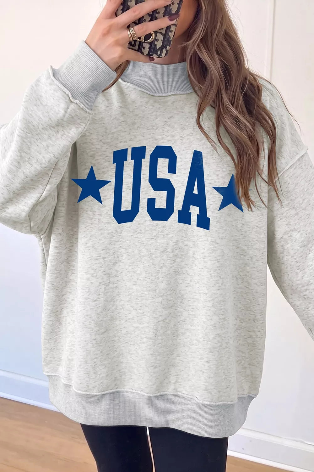 Mock Neck USA Slogan Graphic Sweatshirt