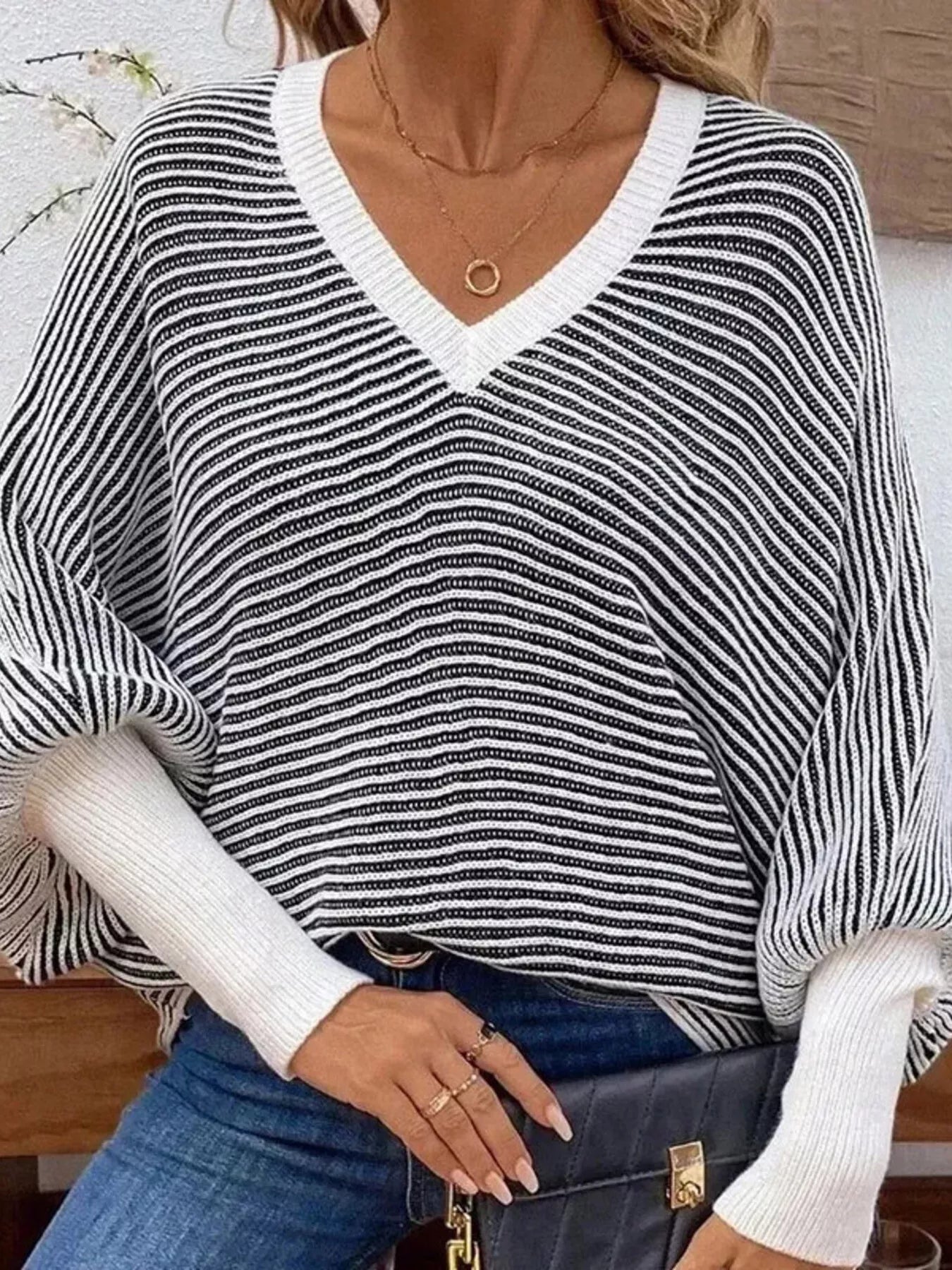 V-Neck Striped Batwing Sleeve Sweater