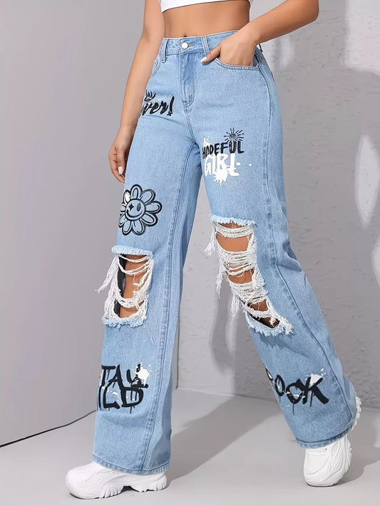 Graffiti Distressed Wide Leg Jeans