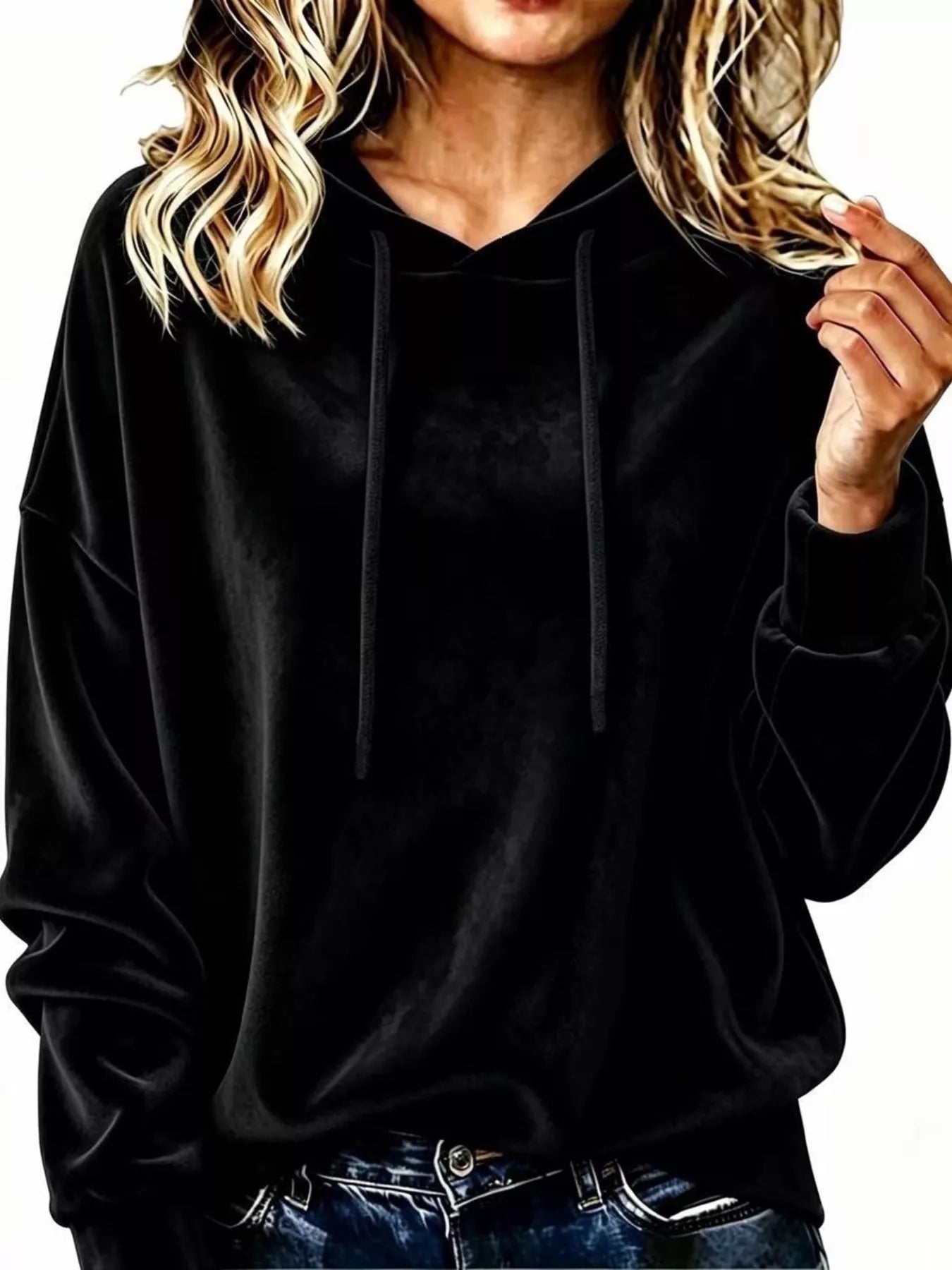 Full Size Drawstring Velvet Long Sleeve Hoodie Plus Size