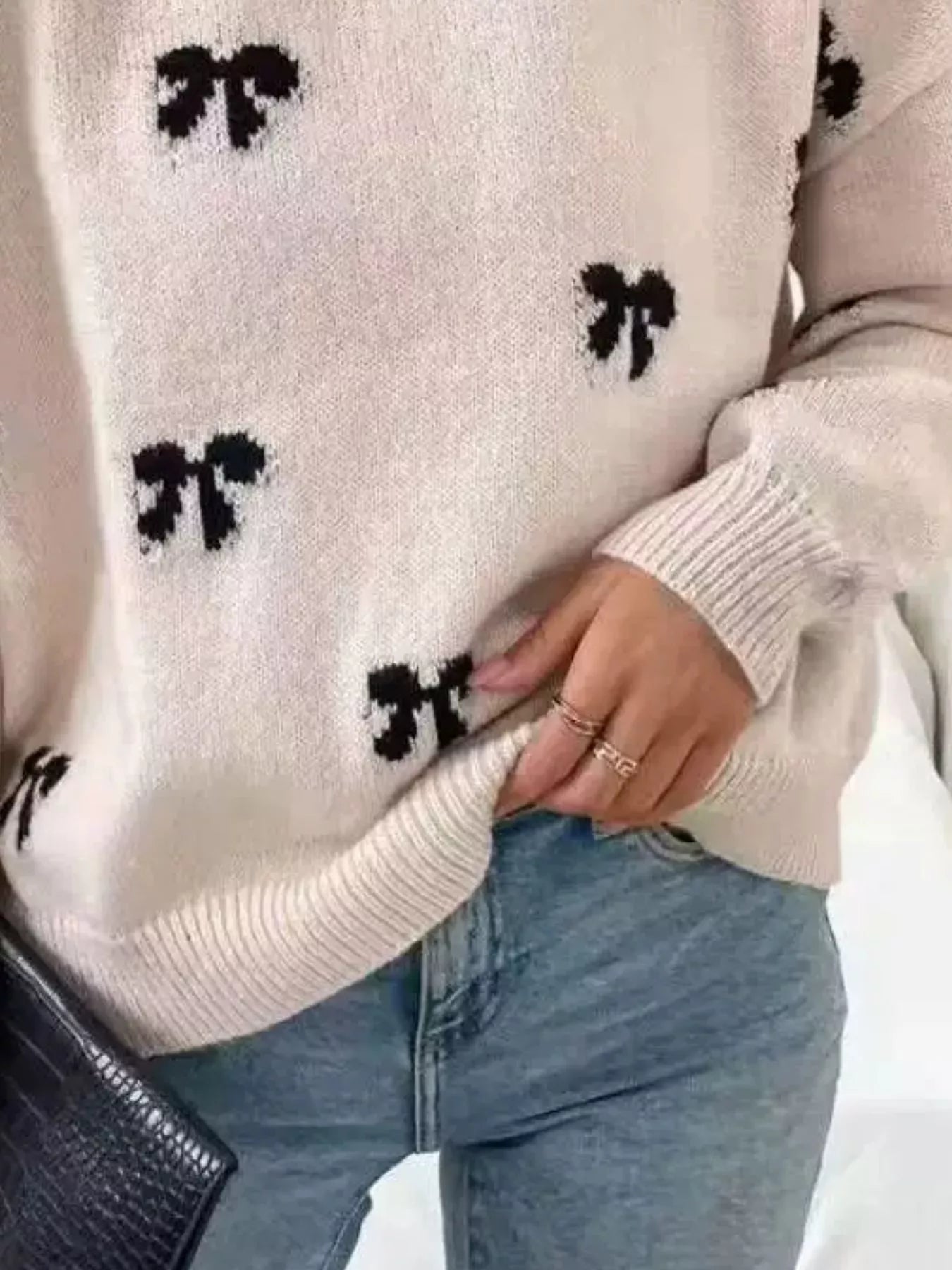 Bow Round Neck Dropped Shoulder Sweater