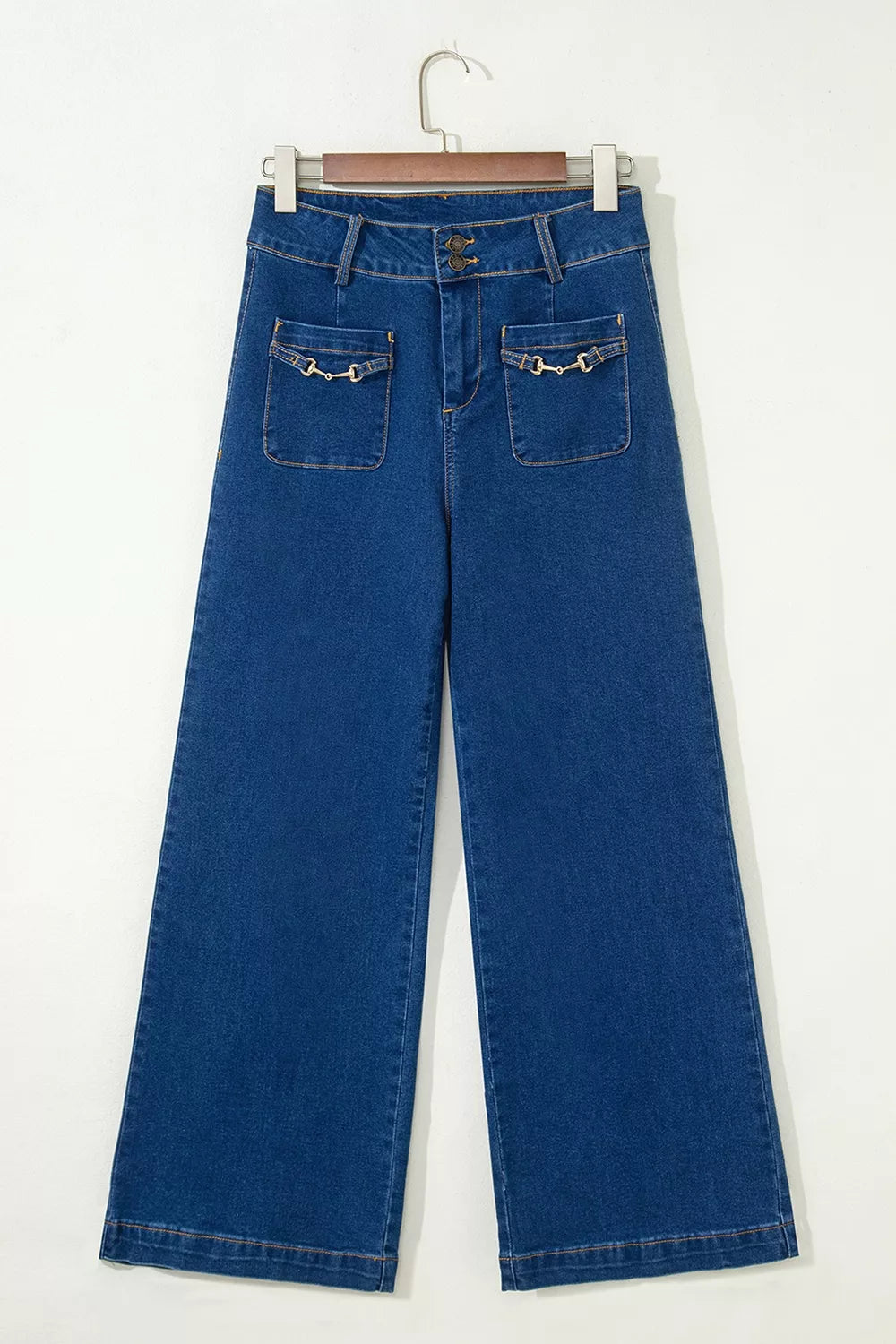 Hardware Decor Patched Pockets Wide Leg Jeans