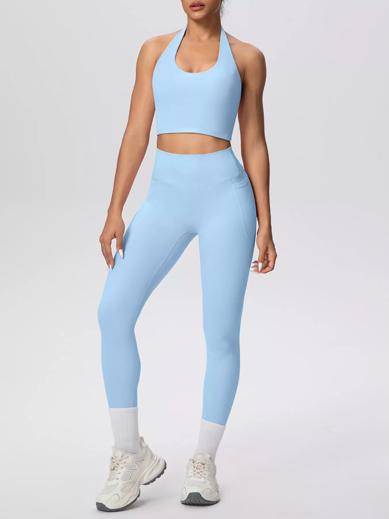 Halter Neck Crop Top and High-Waisted Leggings Active Set