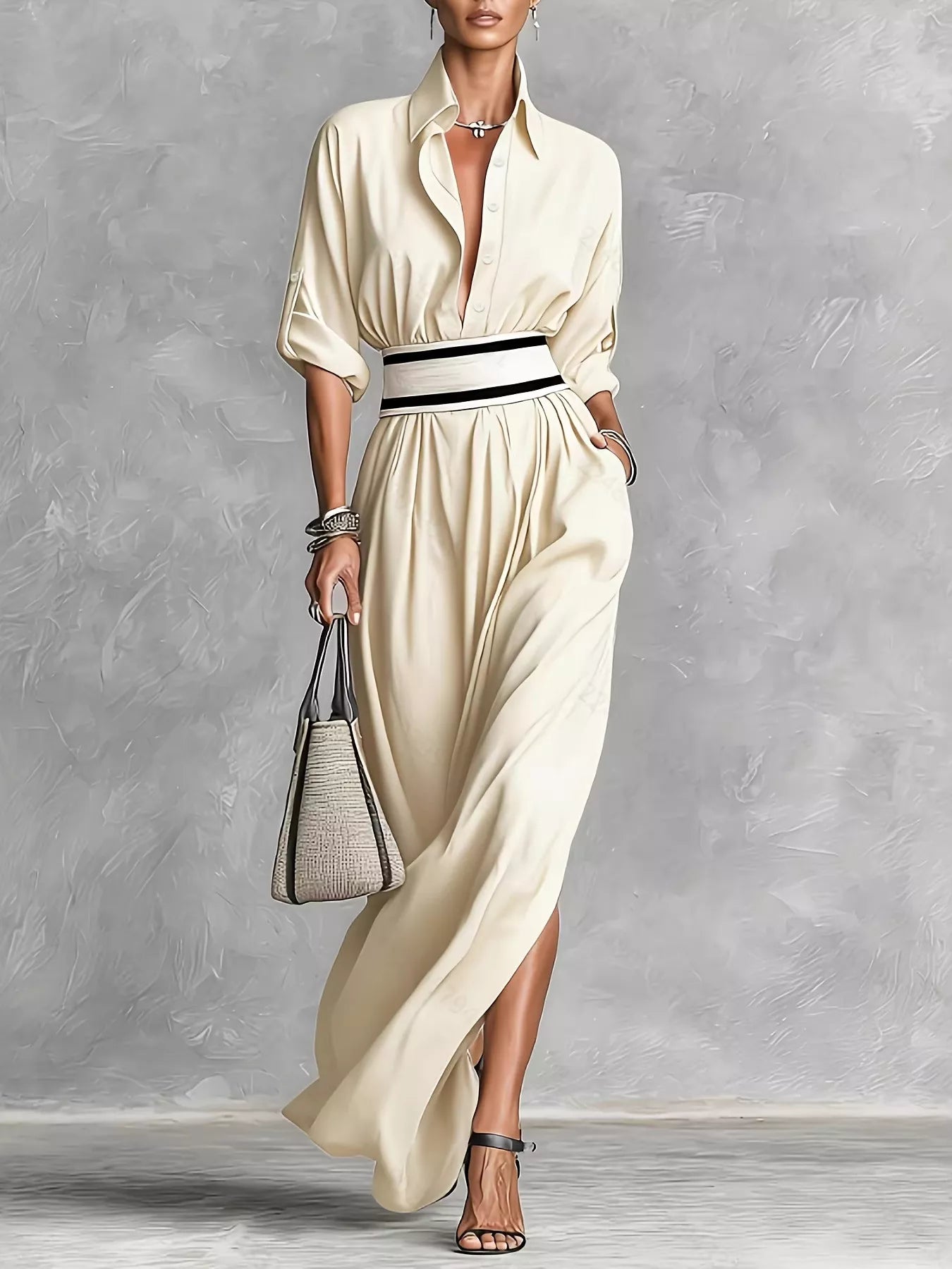 Slit Roll-Up Sleeve Maxi Dress