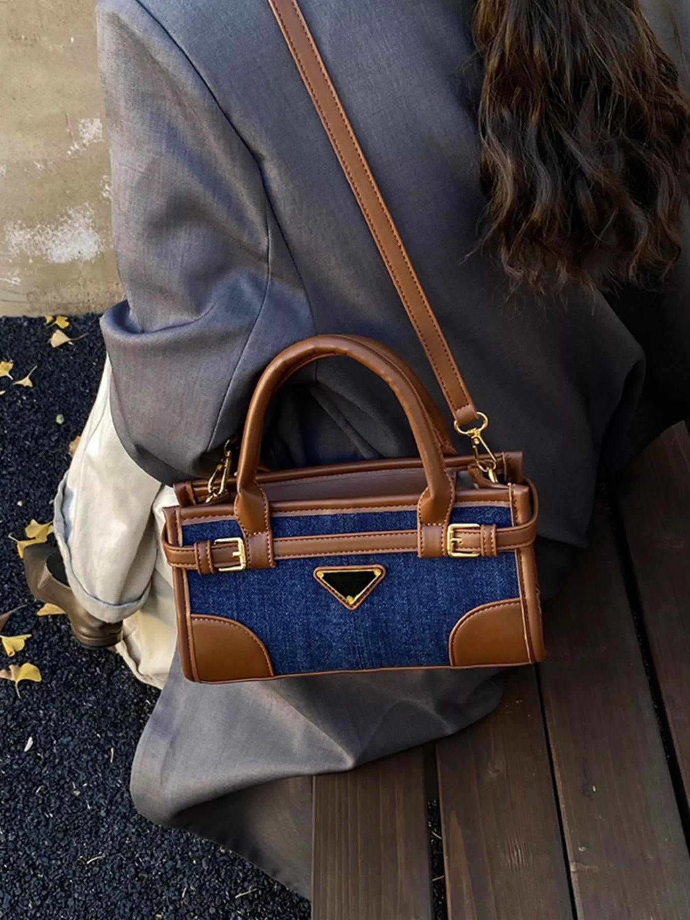 Denim Patchwork Buckle Decor Crossbody Bag