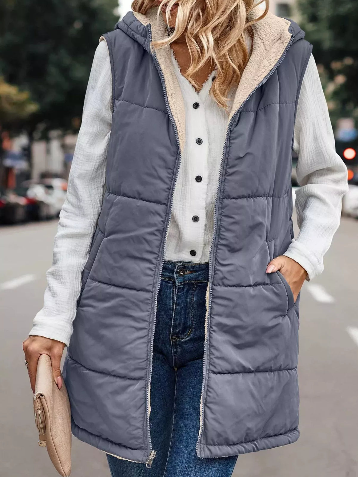 Full Size Hooded Sherpa-Lined Puffer Vest Coat Plus Size