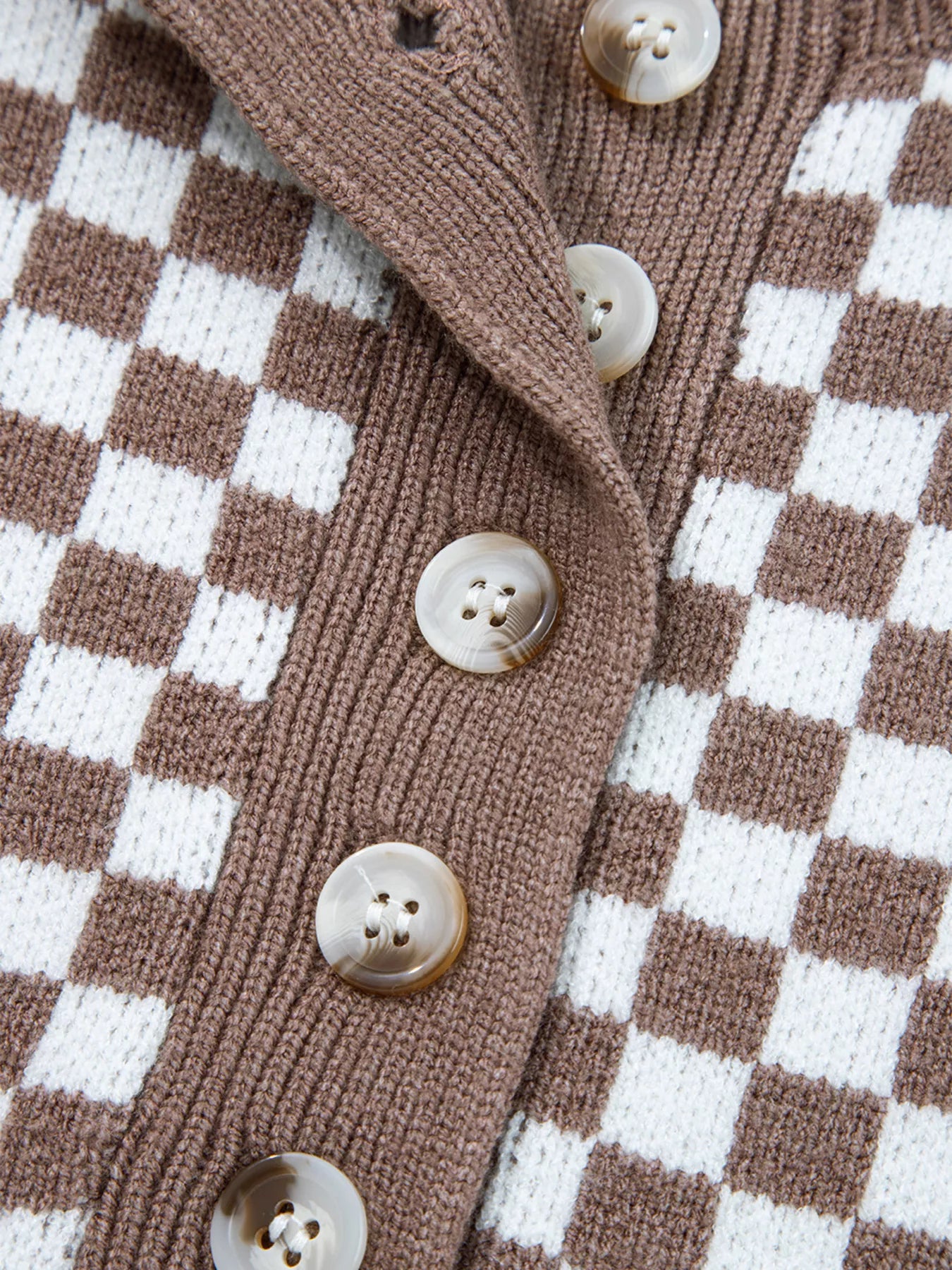 Half Button Ribbed Trim Checkerboard Knit Sweater