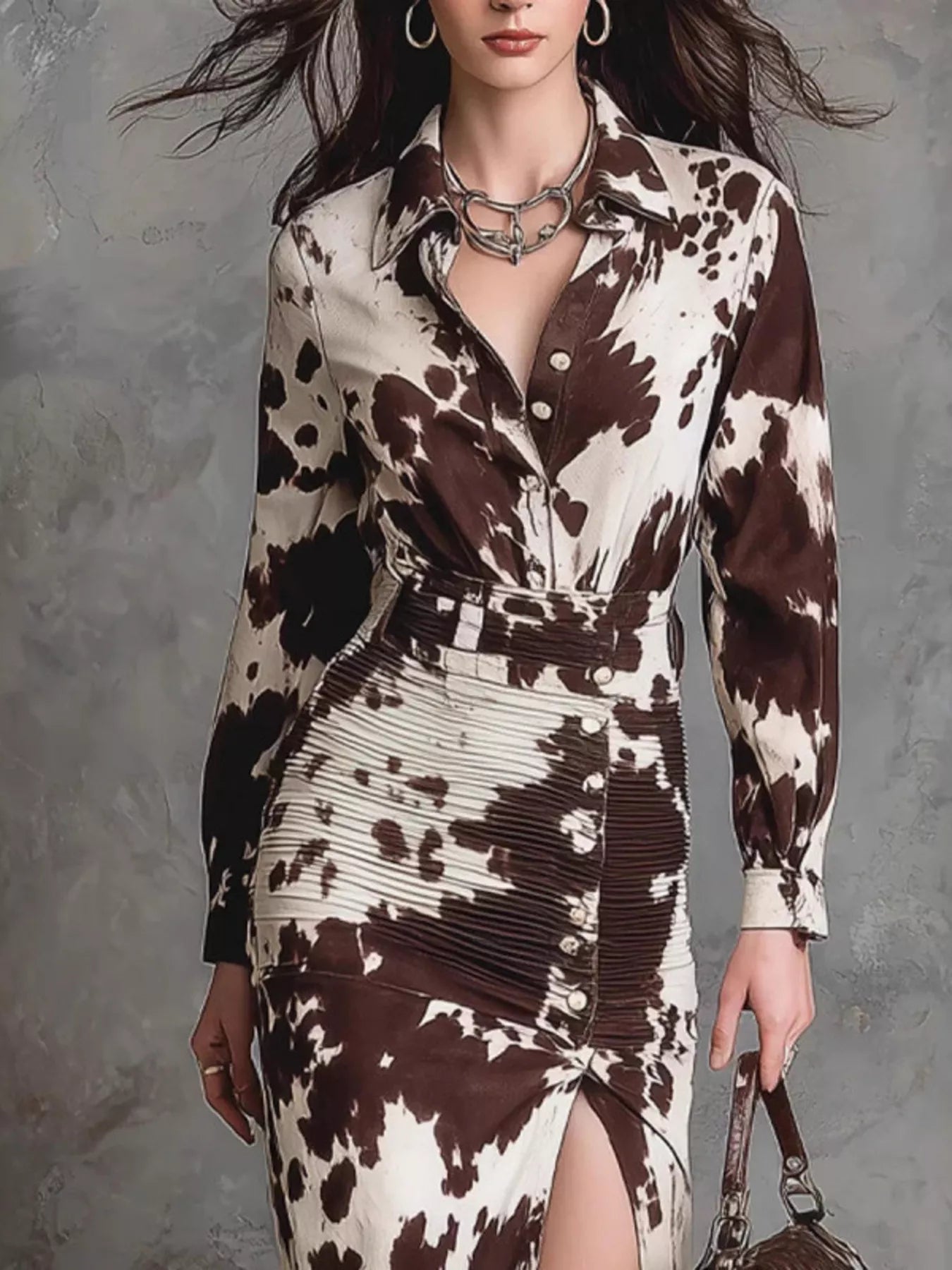 Cow Print Ruched Slit Shirt Maxi Dress