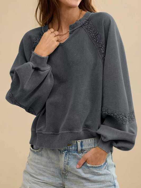 Lace Patchwork Detail Notched Mineral Wash Sweatshirt
