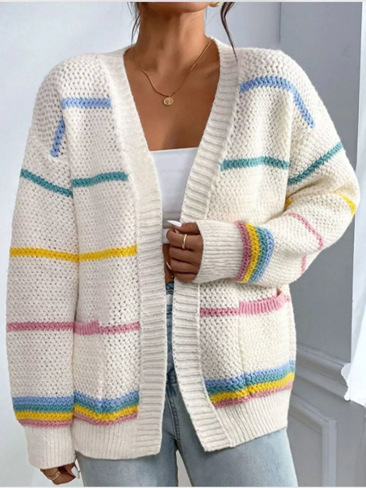 Striped Open Front Knit Cardigan