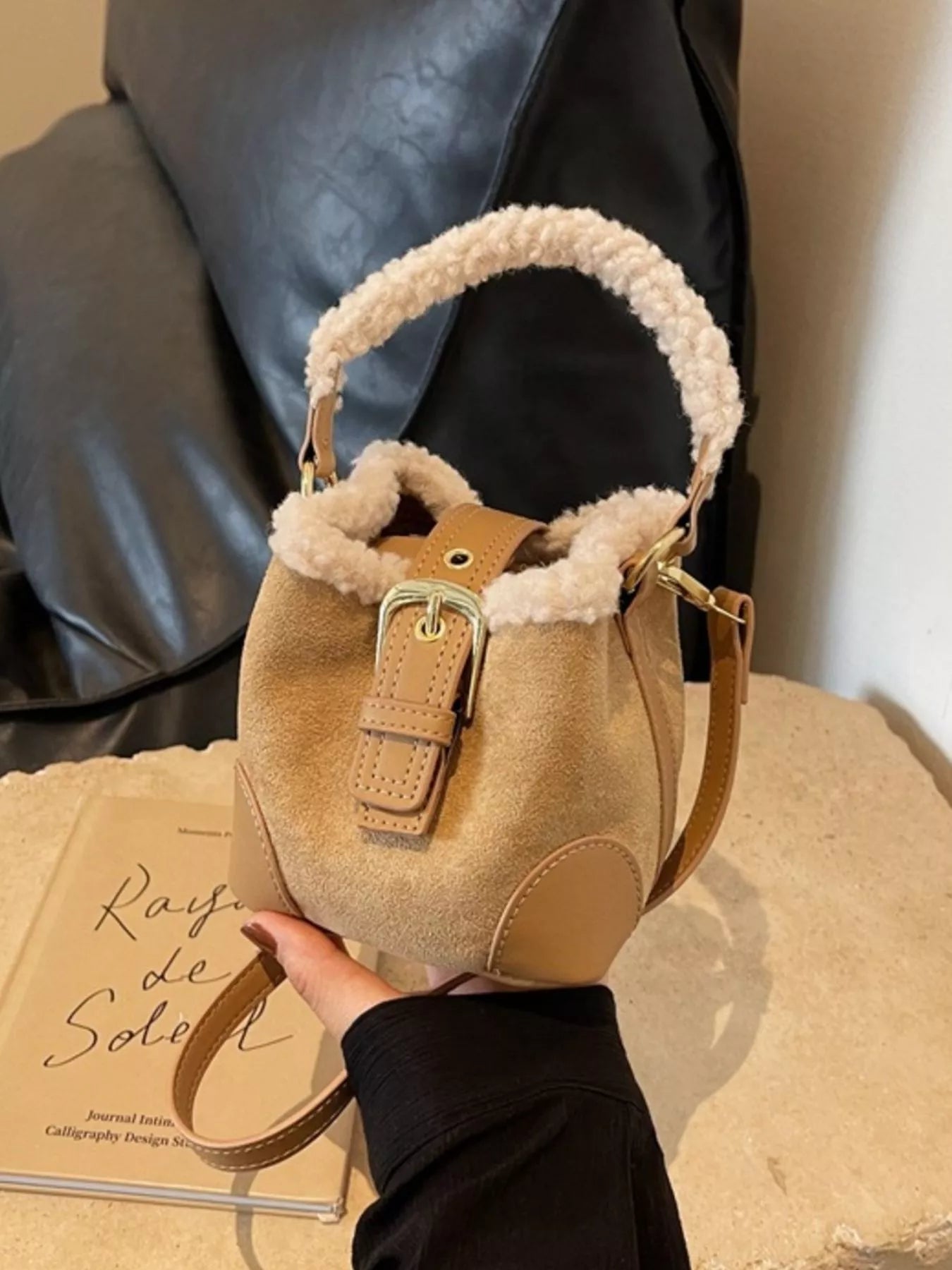 Fuzzy Trim Bucket Crossbody Bag