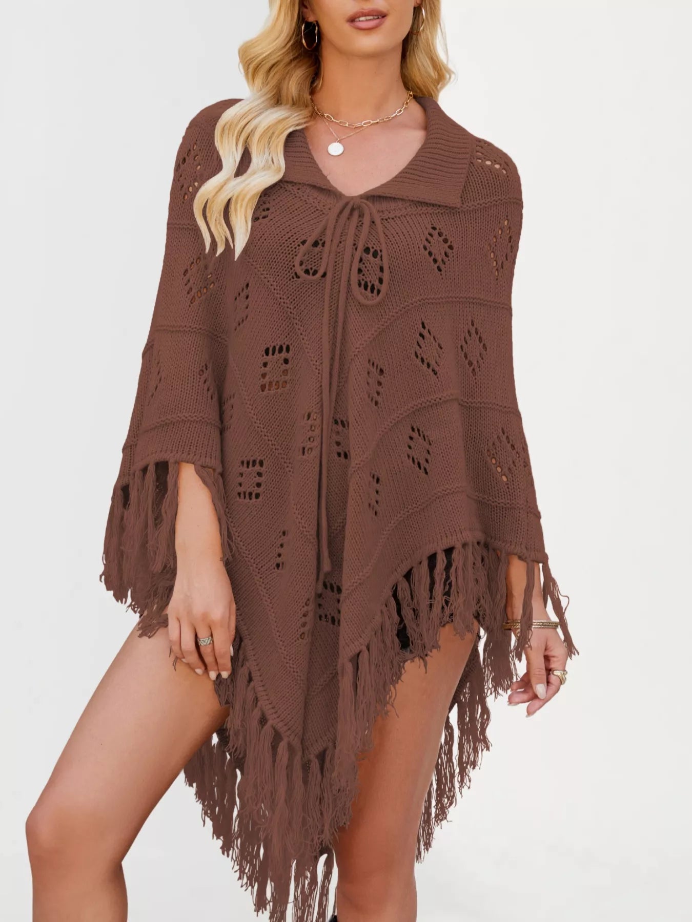 Fringe Openwork Knit Cover Up