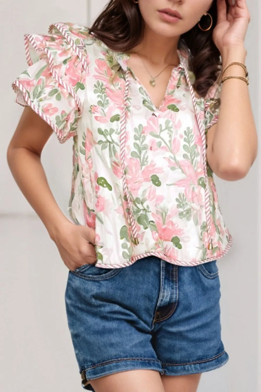 Floral Print Flutter Sleeve Tie Neck Blouse