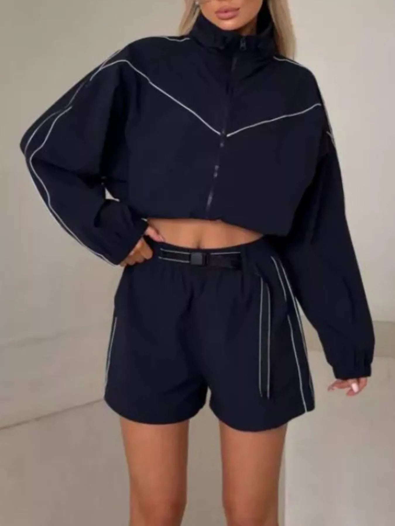 Drawstring Zip-Up Jacket and Shorts Set