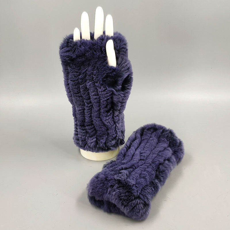 Winter Wristband Mid-Length Gloves - Rex Rabbit Fur Insulation With Striped Half-Finger Design