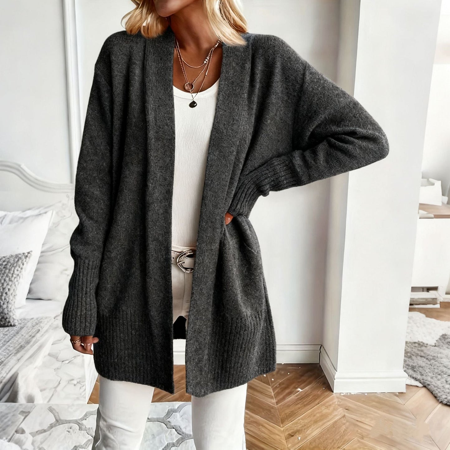 Longline Open-Front Cardigan | Oversized Knit with Patch Pockets