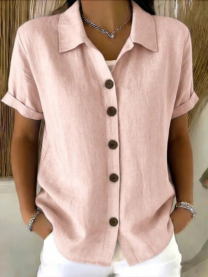Shirt Collar Short Sleeve Button Top – Loose Fit Cotton-Linen Casual