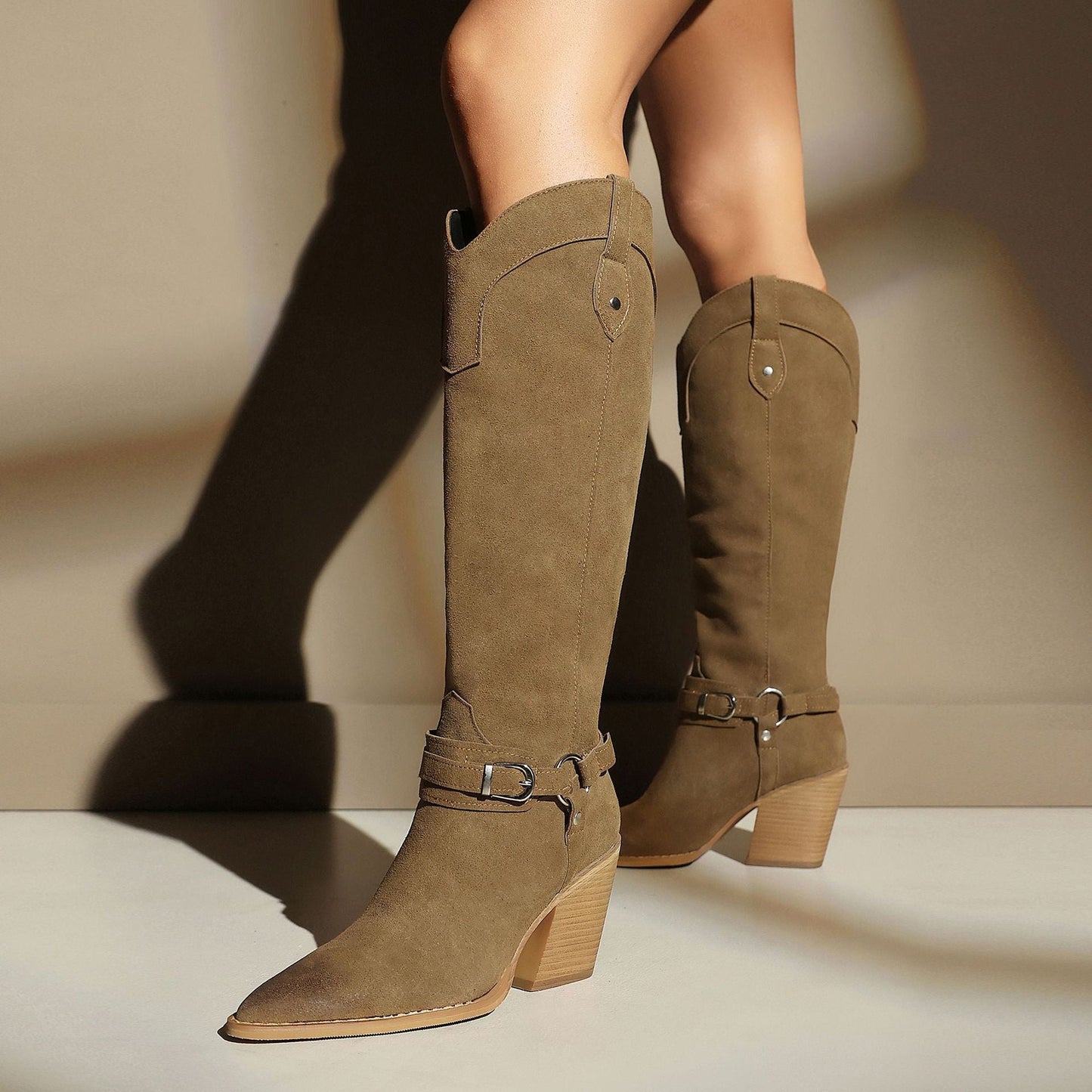 Women's Western Knee-High Boots | Pointed Toe Chunky Heel & Harness Buckle