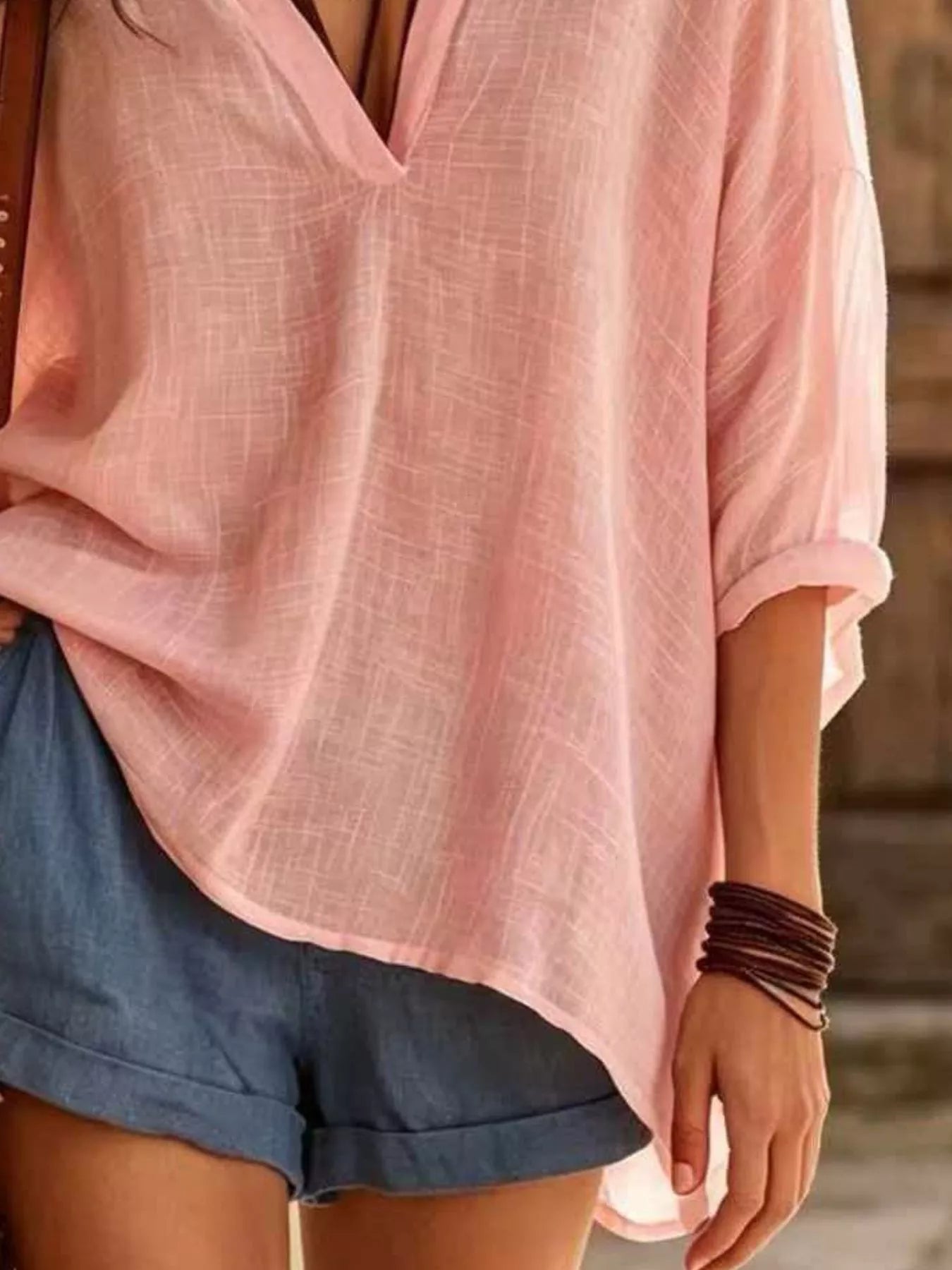 Full Size V-Neck Loose Fit Linen Blend Blouse Plus Size