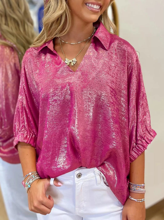 Collared V Neck Half Sleeve Metallic Top