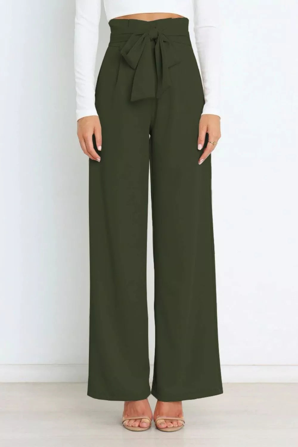 High Waist Tie Front Wide Leg Pants