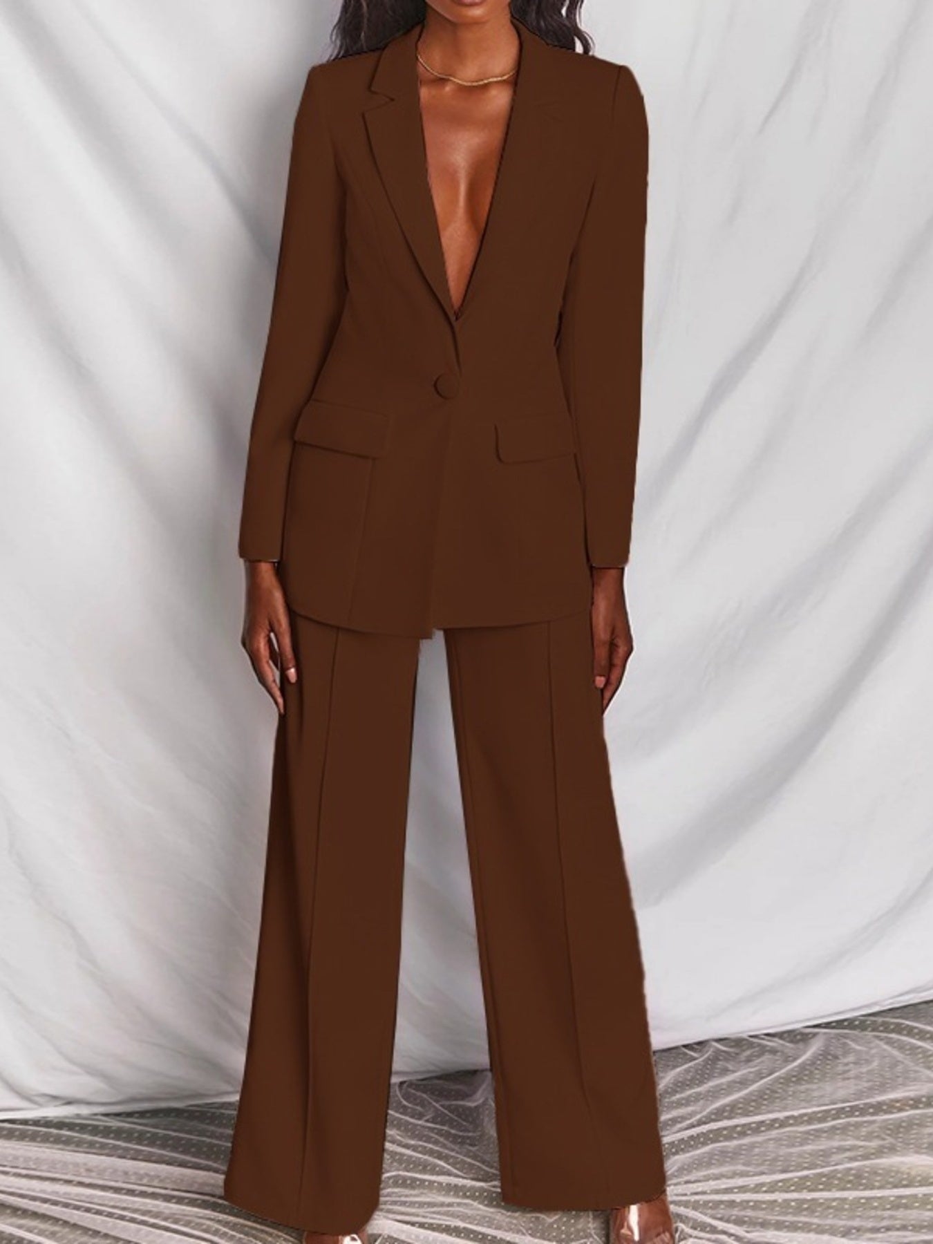 Full Size One Button Blazer and Wide-Leg Pants Set Plus Size