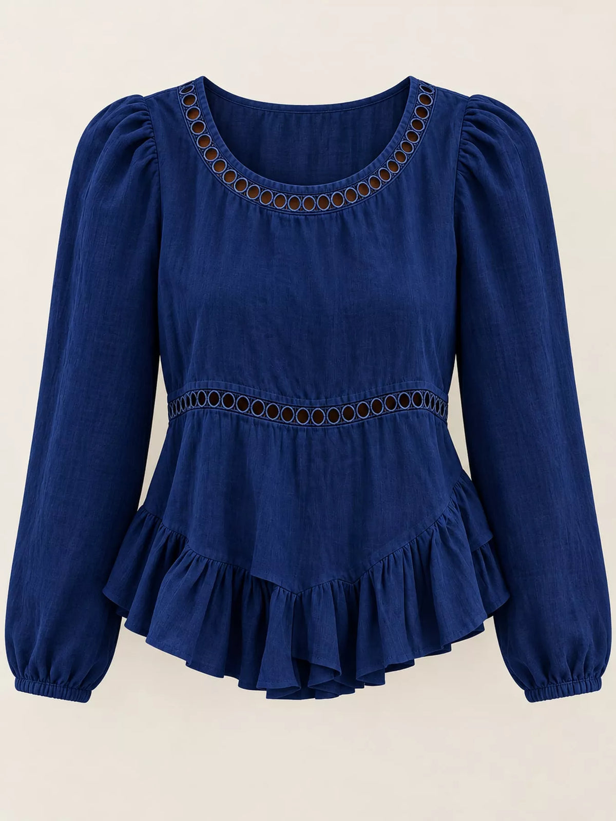Long Sleeve Blouse with Eyelet Lace Trim and Ruffled Hem
