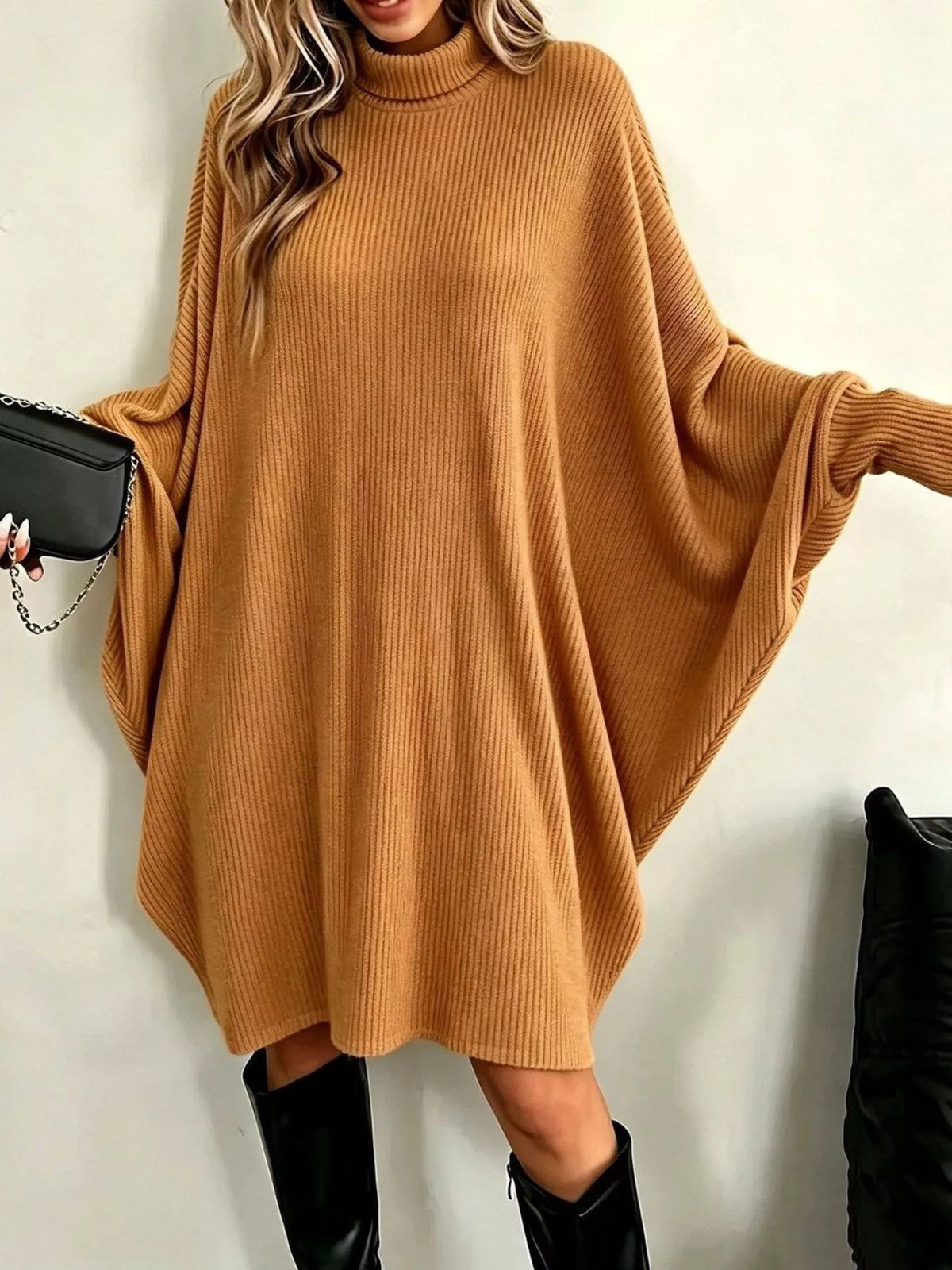 Oversized Batwing Sleeve Ribbed Knit Turtleneck Dress