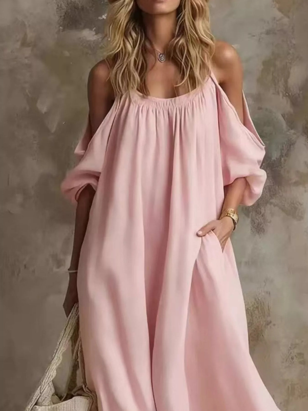 Full Size Cold-Shoulder Linen Maxi Dress Plus Size