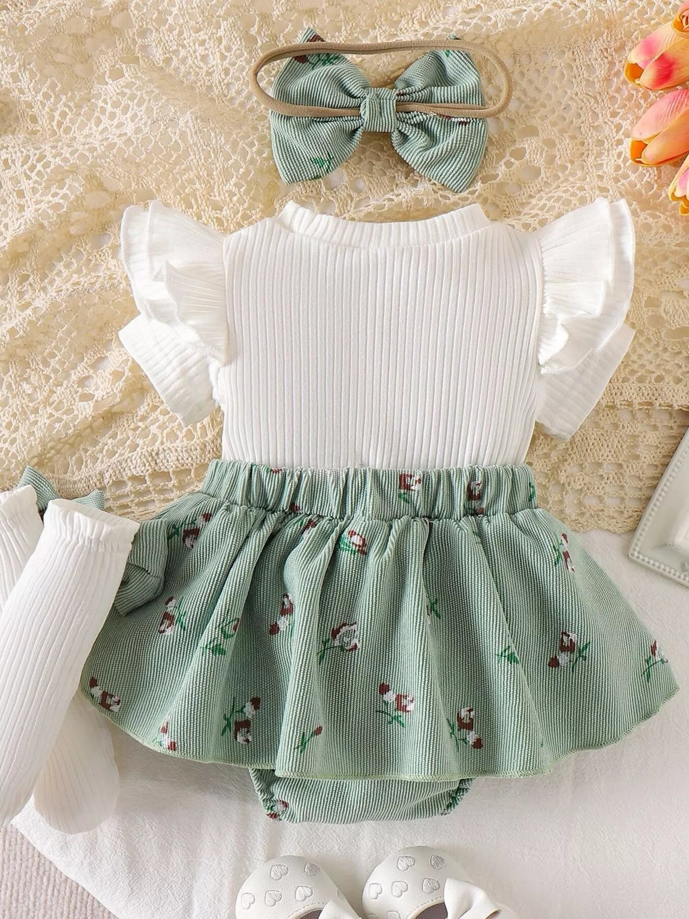 Children's Bow Ribbed Knit Dress & Headband & Socks Set