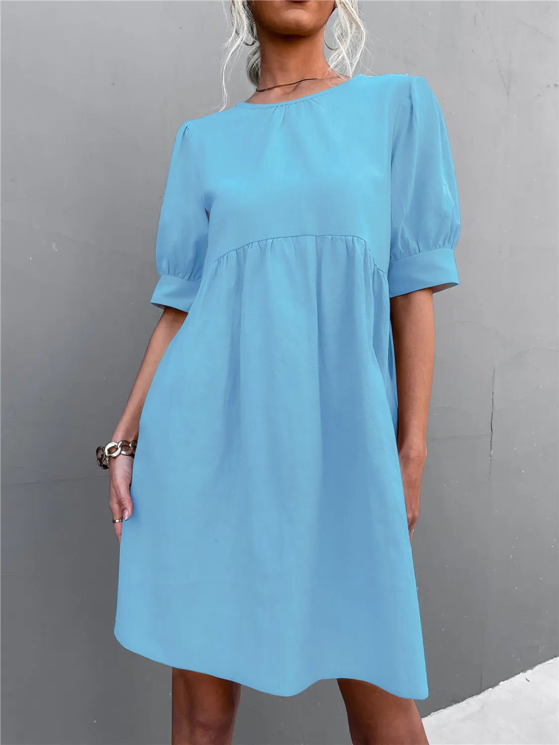 Round Neck Puff Sleeve Mini Dress