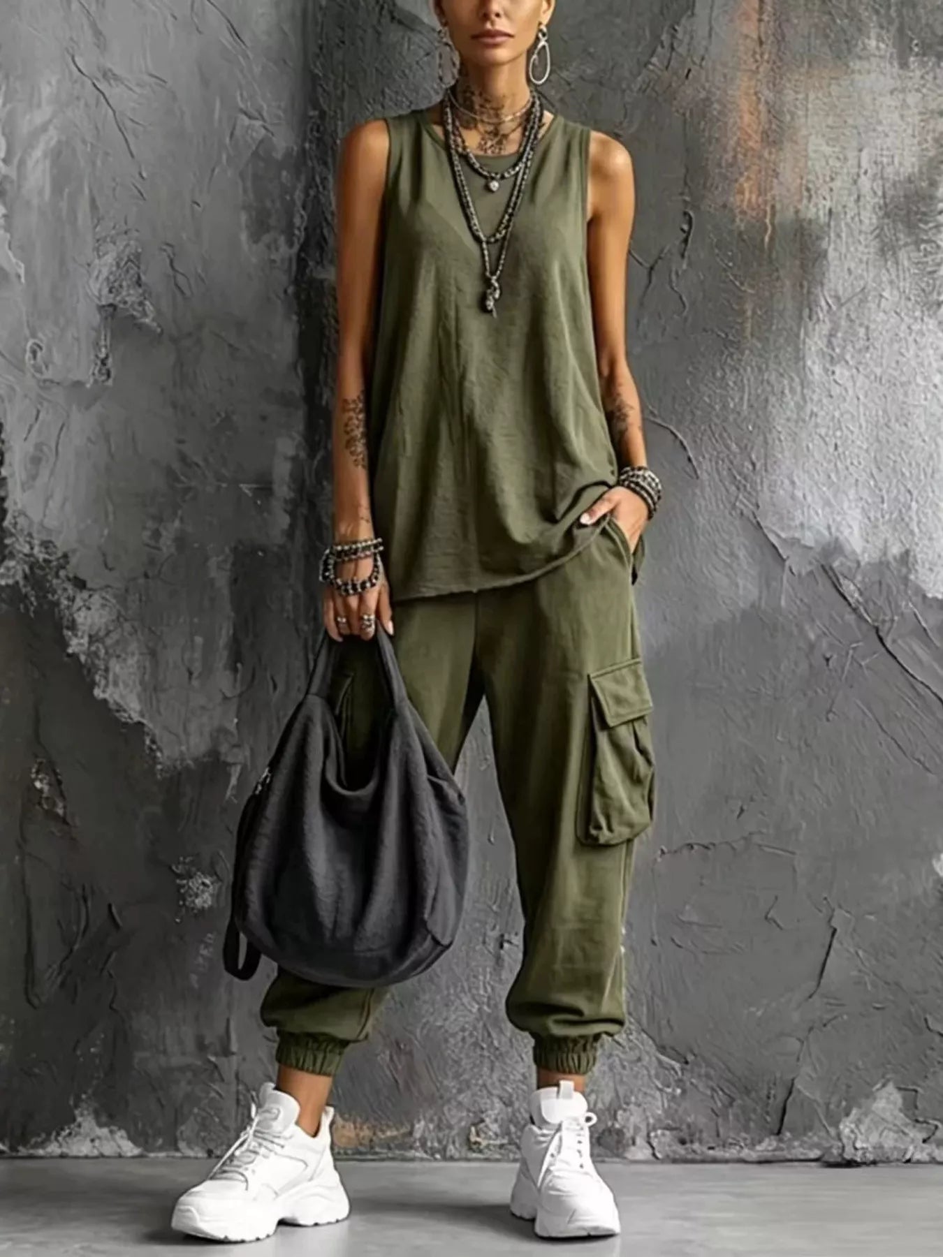 Full Size Casual Tank and Cargo Pants Set Plus Size
