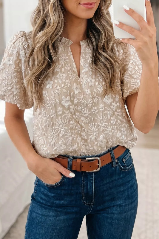 Floral Textured Jacquard Puff Sleeve Blouse