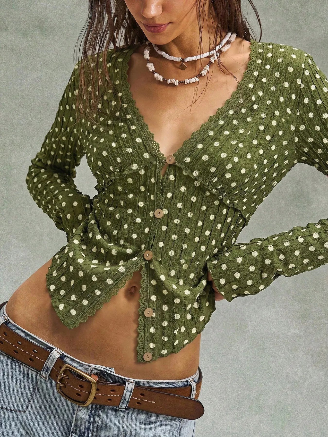 Polka Dot Button Down Textured Long Sleeve Blouse