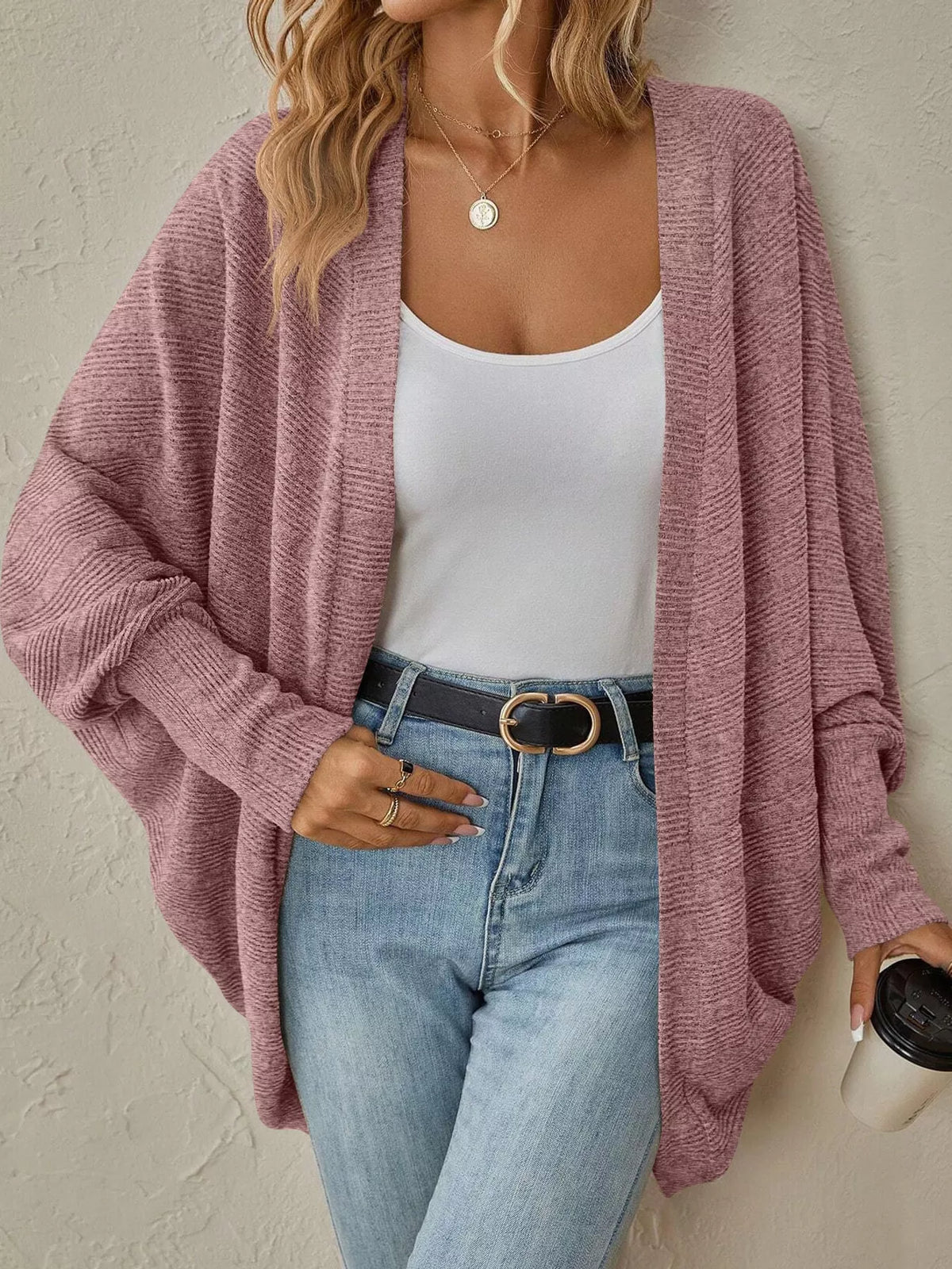 Casual Open Front Batwing Sleeve Ribbed Knit Cardigan