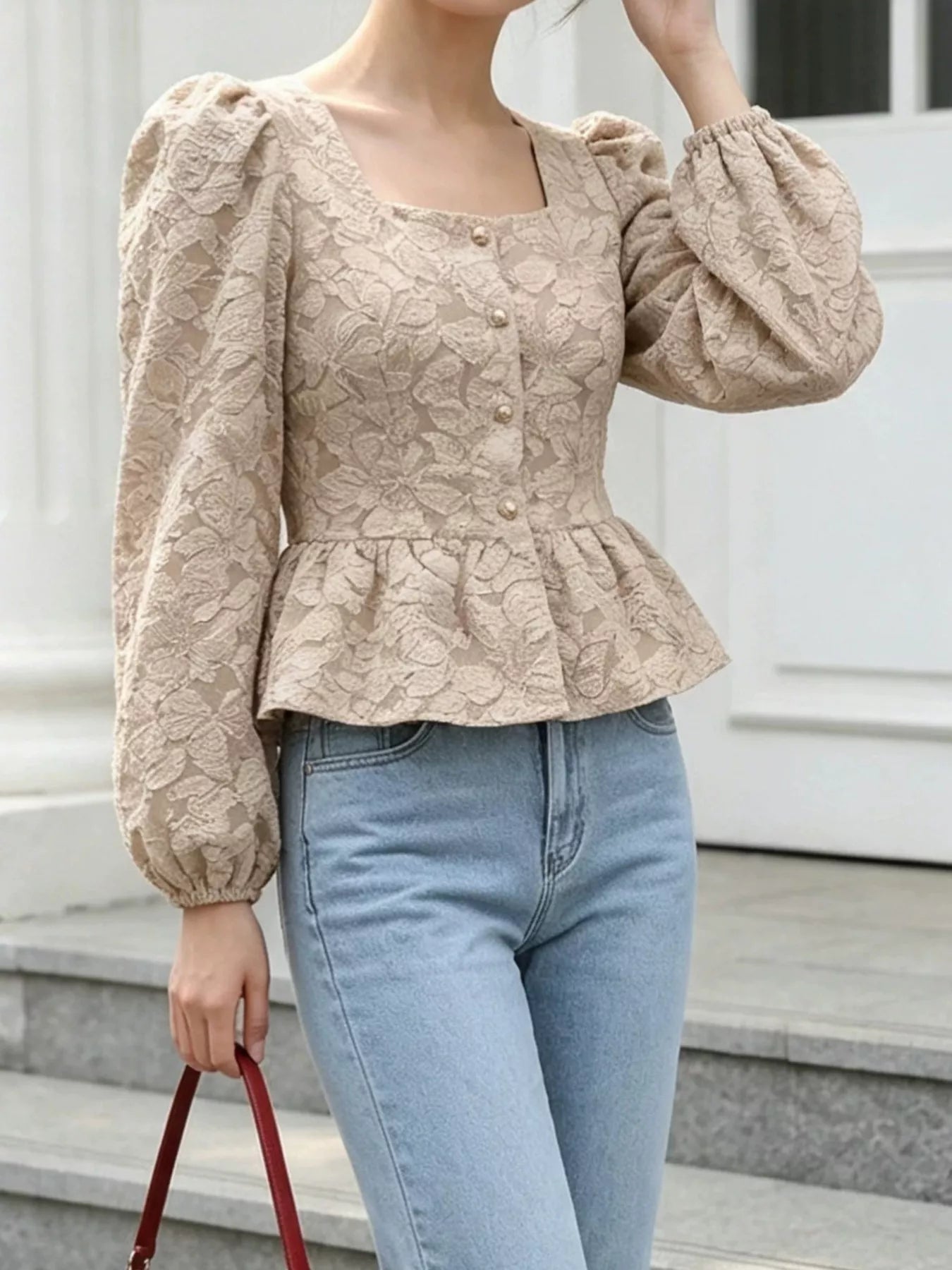 Square Neck Textured Peplum Blouse