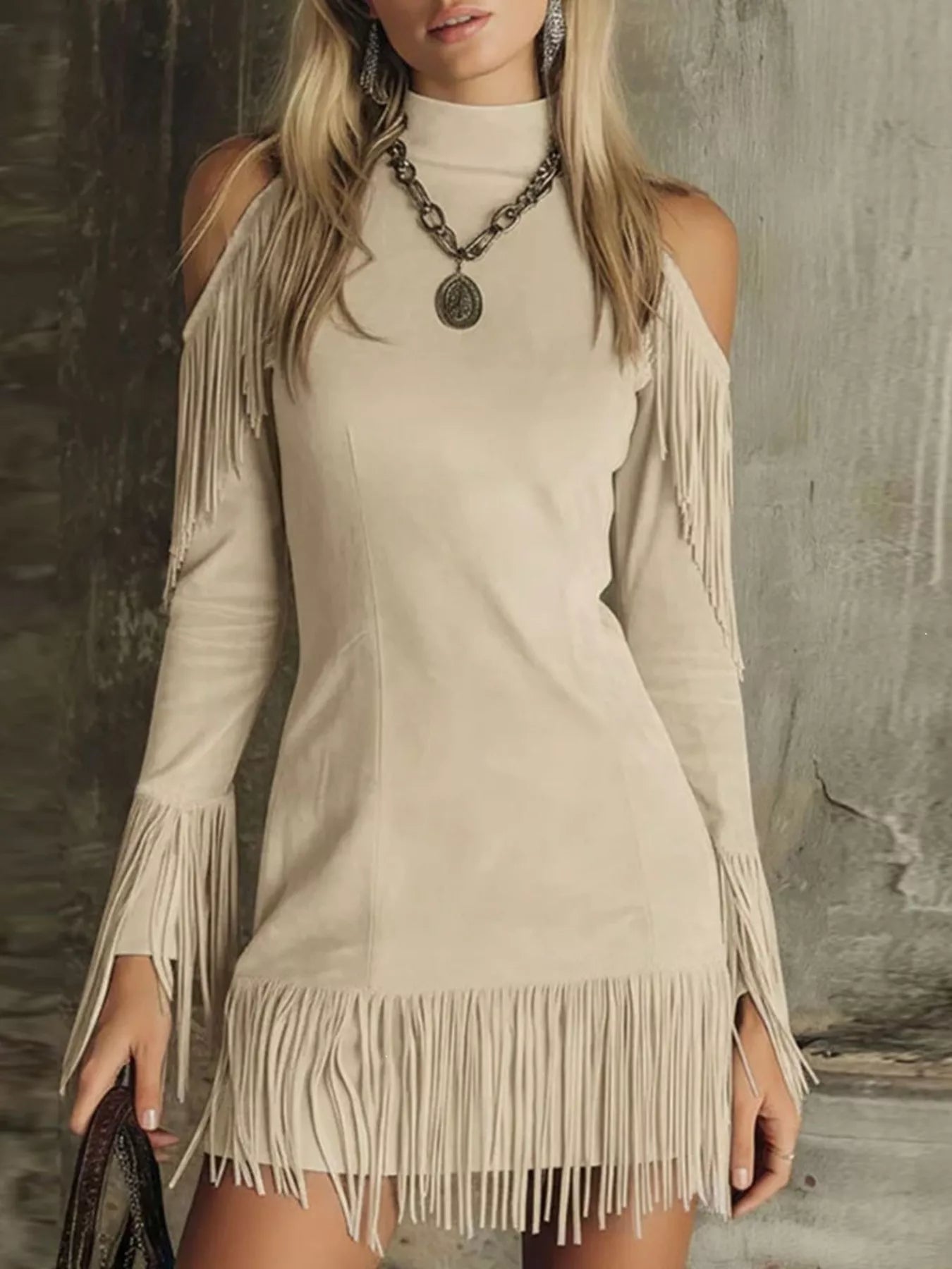 Fringed Cold Shoulder Mini Dress