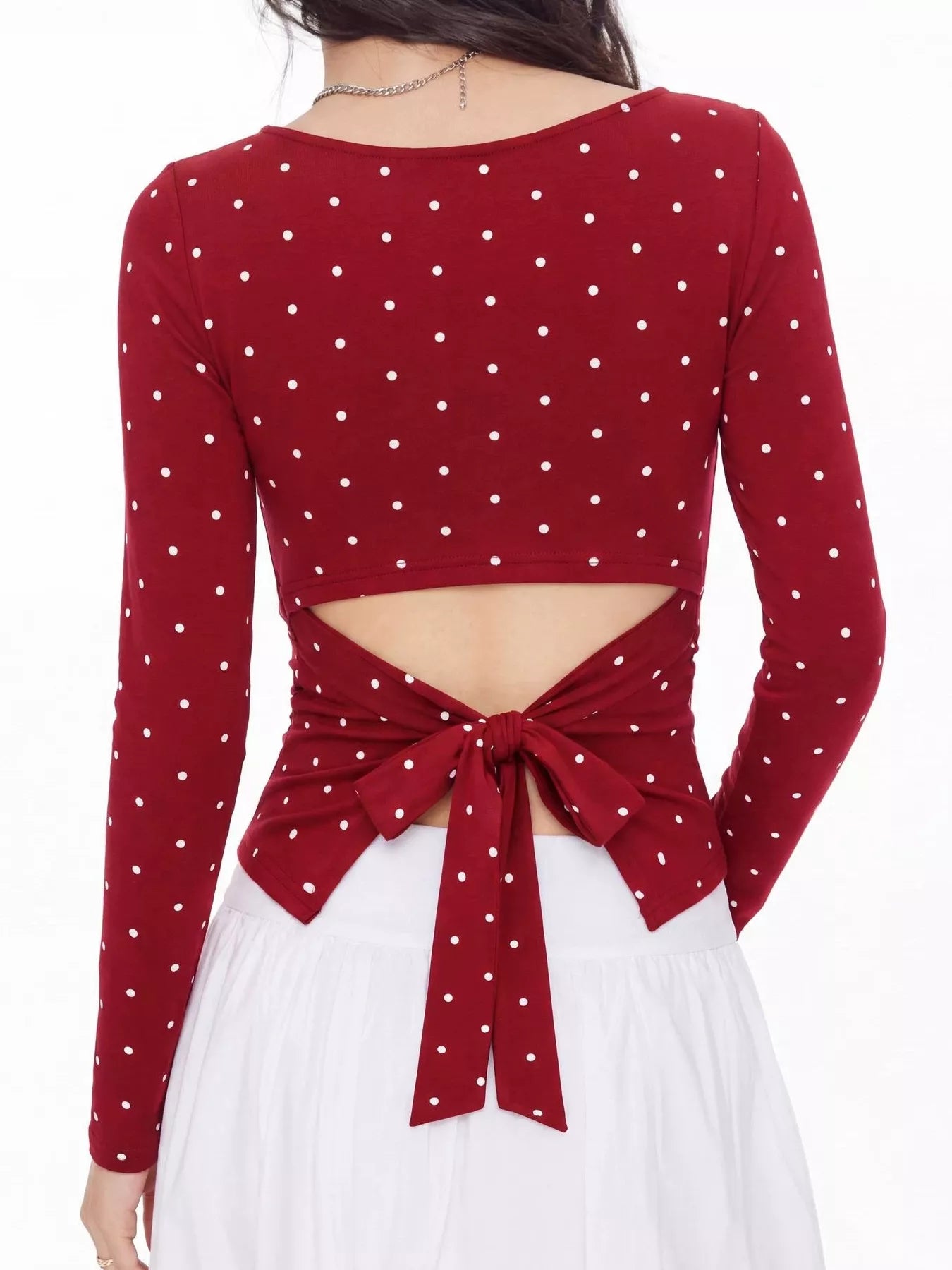 Long Sleeve Polka Dot Tie Back T-Shirt