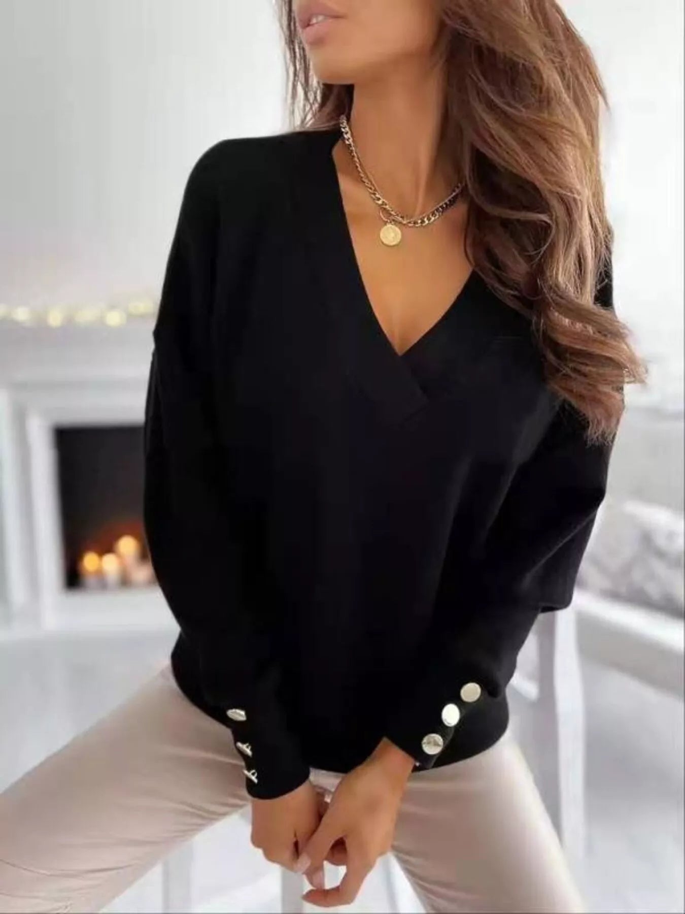 V-Neck Button Cuff Top