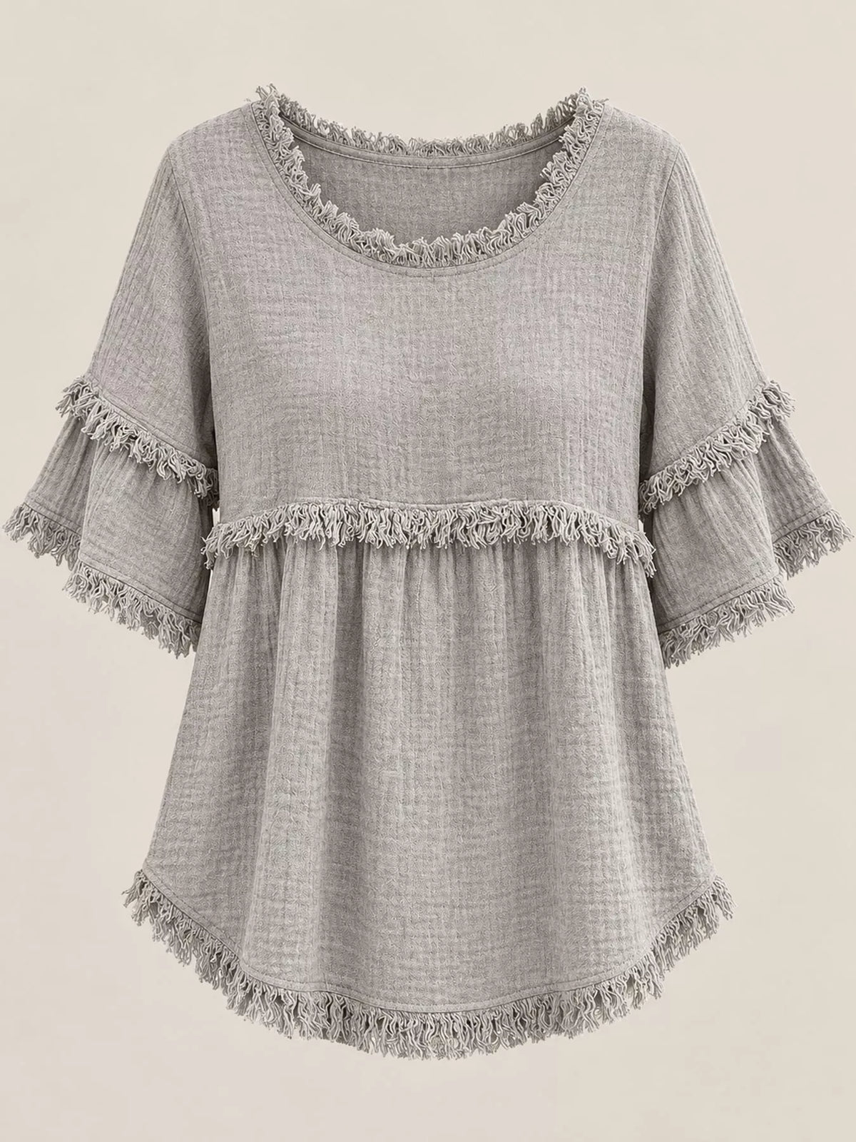 Full Size Frayed Edge Textured Blouse Plus Size